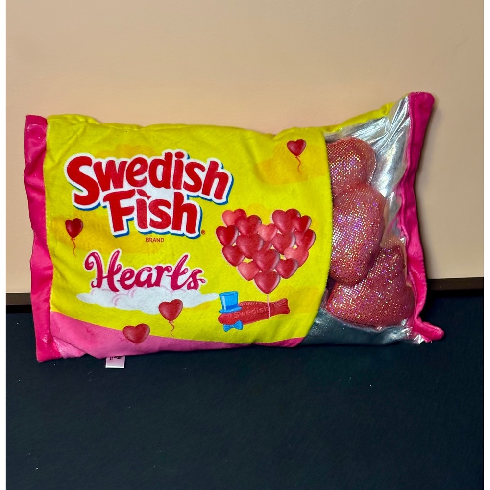 Iscream Swedish Fish Hearts Plush Pillow Yellow Pink Candy Bag with 4 Hearts
